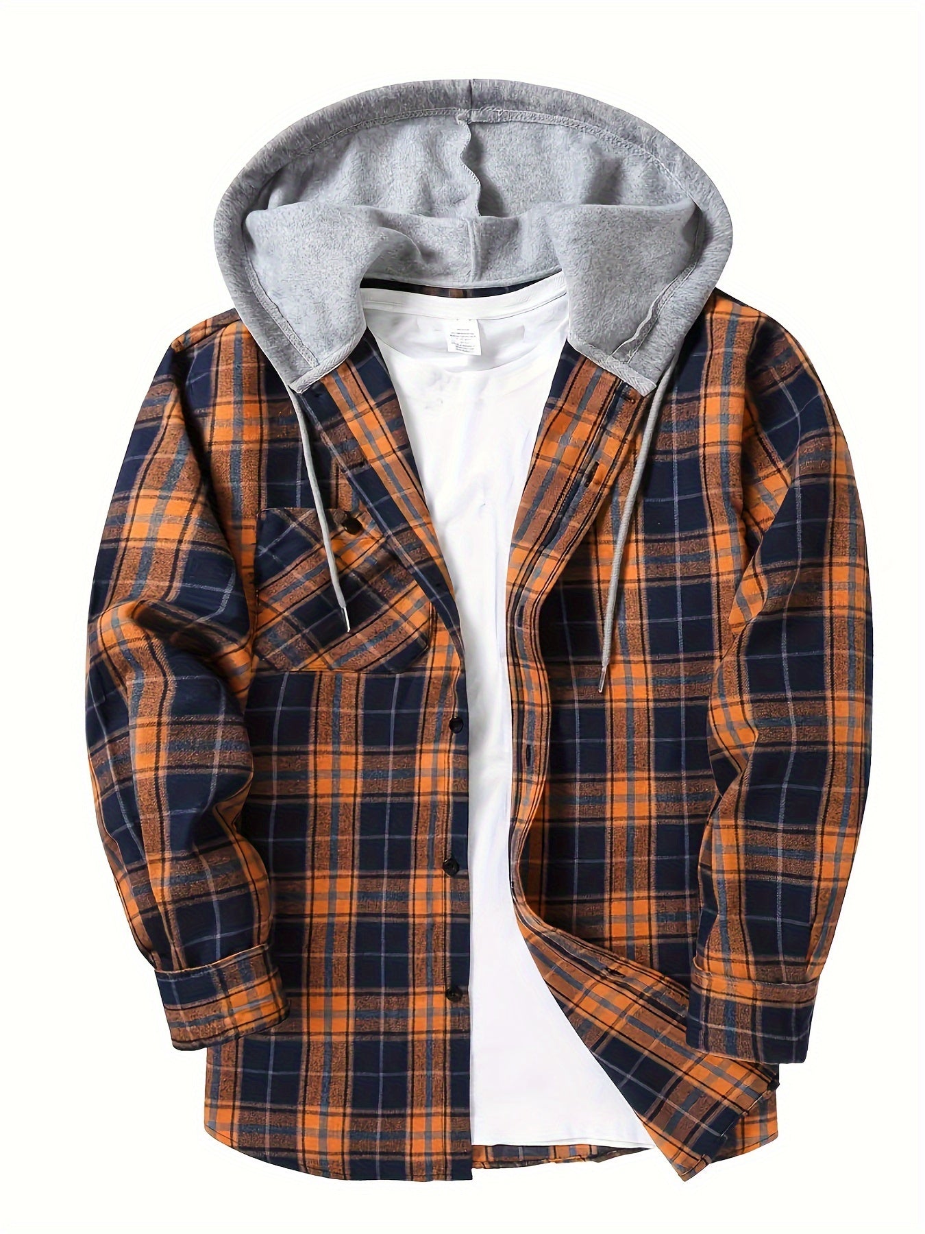 Casual Geruite Herenhoodie met Borstzakje en Verstelbare Trekkoord - Lange Mouwen, Knoopsluiting in Groen/Zwart/Grijs voor Lente & Herfst