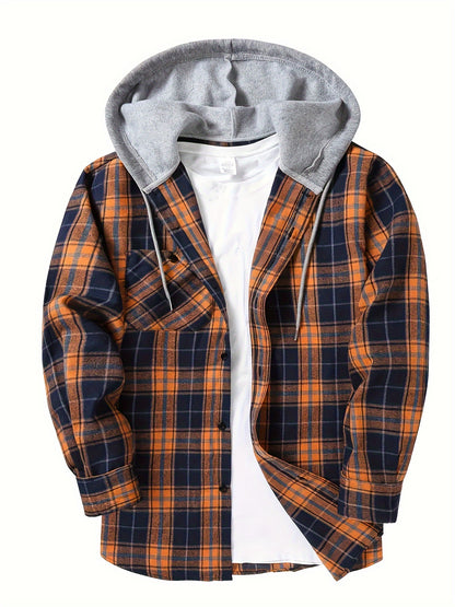 Casual Geruite Herenhoodie met Borstzakje en Verstelbare Trekkoord - Lange Mouwen, Knoopsluiting in Groen/Zwart/Grijs voor Lente & Herfst