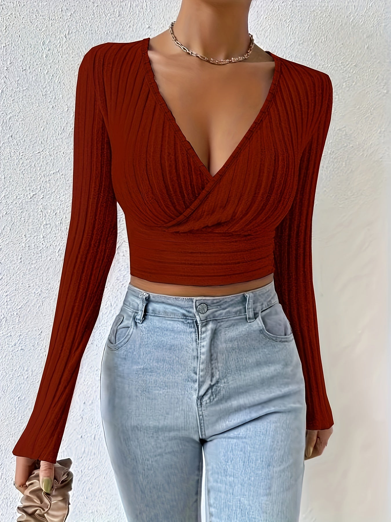 Geribbeld Cropped T-shirt Met Hoge Hals, Casual T-shirt Met Lange Mouwen Voor Lente En Herfst, Dameskleding