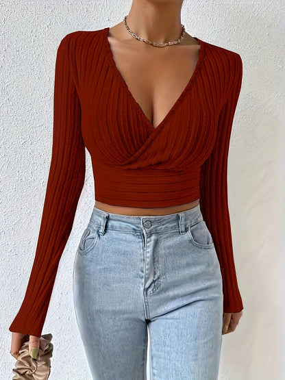 Geribbeld Cropped T-shirt Met Hoge Hals, Casual T-shirt Met Lange Mouwen Voor Lente En Herfst, Dameskleding