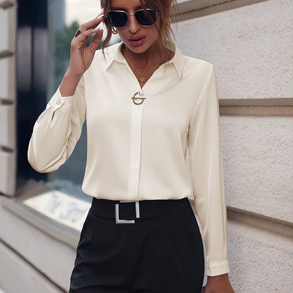Stijlvolle Lange Mouwen Blouse met Parelknop Details - Slim Fit, Veelzijdig Effen Kleur Shirt voor Vrouwen, Perfect voor Casual of Kantoor Kleding