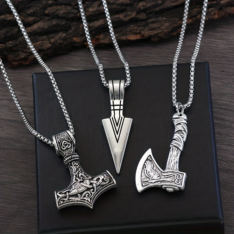 3 stuks Viking kettingen voor mannen - Viking hamer Noorse kompas Keltische knoop Wolf bijl hanger Noordse amulet hanger ketting vakantie, vaderdagcadeau sieraden cadeau