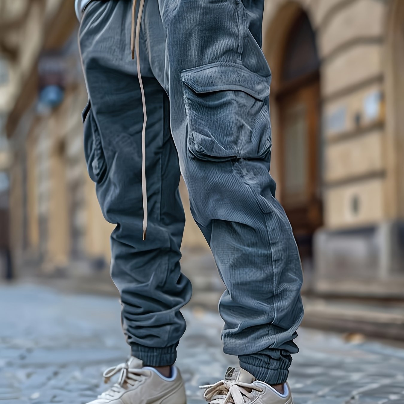 1 stuk heren corduroy cargobroek, tinta unita midden taille met zakken, trekkoord taille, lichte stretch, casual regular fit, comfortabele ademende polyester voering, modieuze dagelijkse broek