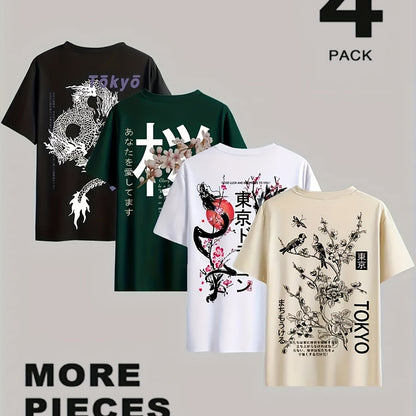 4-Pack Heren Casual Korte Mouw T-Shirt met Tokyo Draak Print, Ademende Polyester Stof, Ronde Hals, Perfect voor Zomerse Buitenkleding