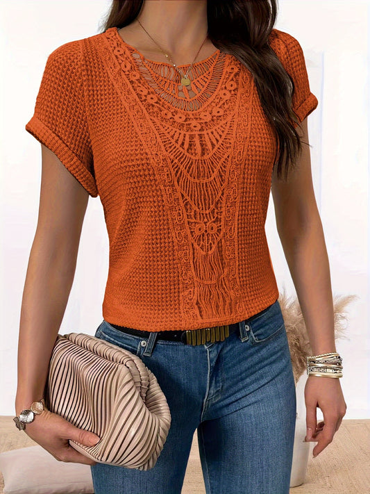 Kanten Inzetstukken Ronde Hals T-shirt, Informele Top Met Korte Mouwen Voor Lente En Zomer, Dameskleding