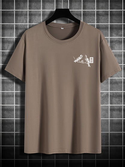 Heren Casual T-Shirt met Bloemen- & Vogelprint - Ademend Polyester, Ronde Hals, Korte Mouwen - Perfect voor de Zomer