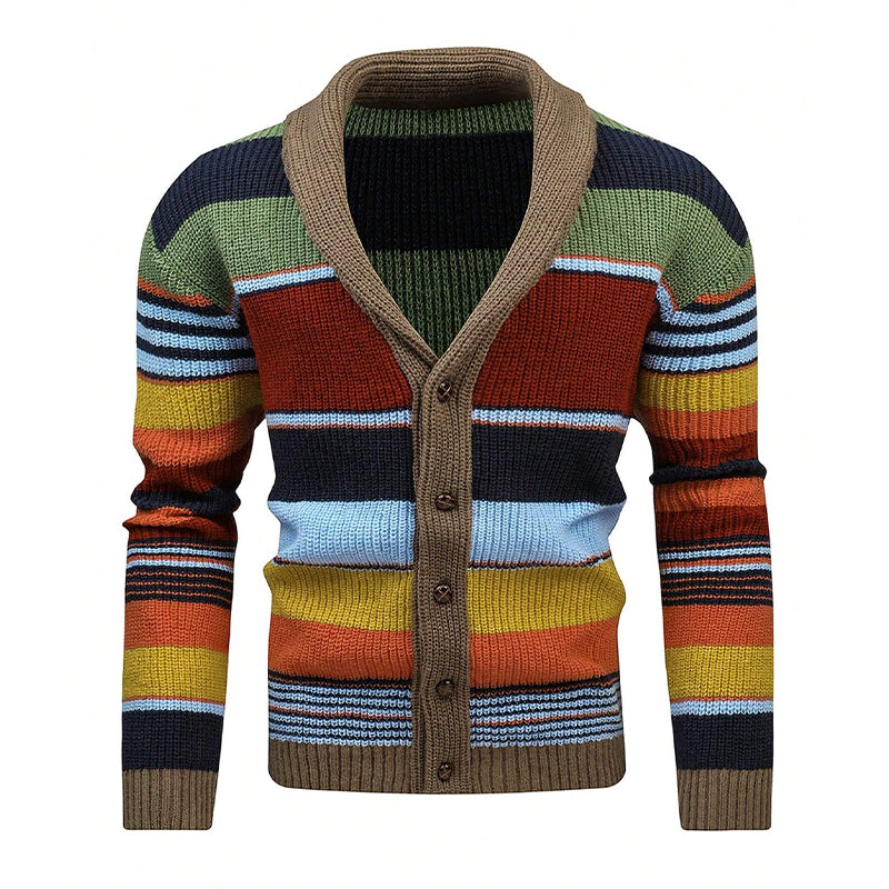 Heren Gestreepte Cardigan met Revers Knoopsluiting