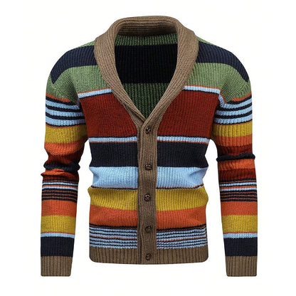 Heren Gestreepte Cardigan met Revers Knoopsluiting