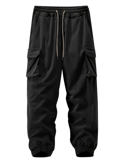 1 stuk heren corduroy cargobroek, tinta unita midden taille met zakken, trekkoord taille, lichte stretch, casual regular fit, comfortabele ademende polyester voering, modieuze dagelijkse broek