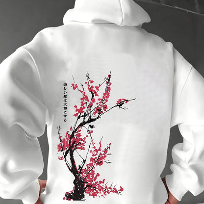 Heren Casual Hoodie met Kersenbloesem Print, 100% Polyester Breiselstof, Lichte Stretch, Losse Pasvorm, Lente/Herfst Weekendkleding, 250g/m² - Wit