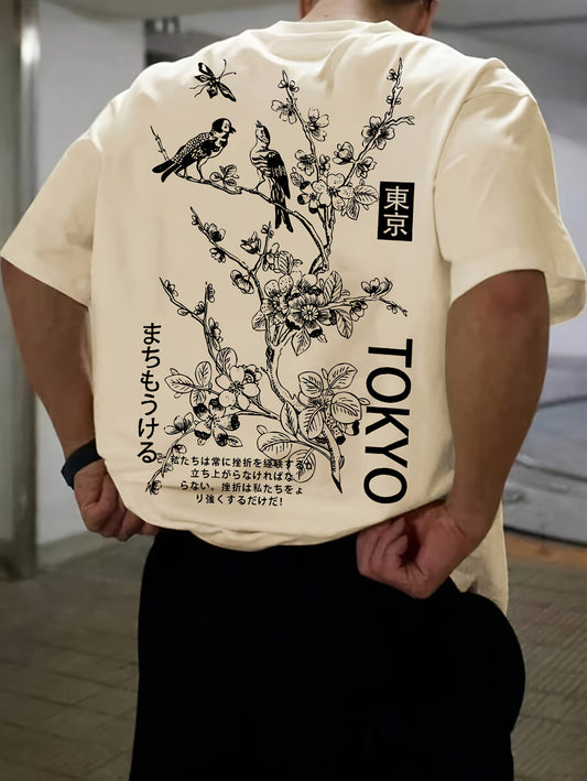 Heren Casual T-Shirt met Bloemen- & Vogelprint - Ademend Polyester, Ronde Hals, Korte Mouwen - Perfect voor de Zomer