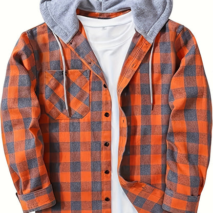 Casual Geruite Herenhoodie met Borstzakje en Verstelbare Trekkoord - Lange Mouwen, Knoopsluiting in Groen/Zwart/Grijs voor Lente & Herfst