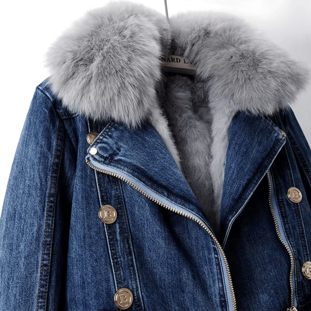 Dames denim jas met imitatiebontvoering