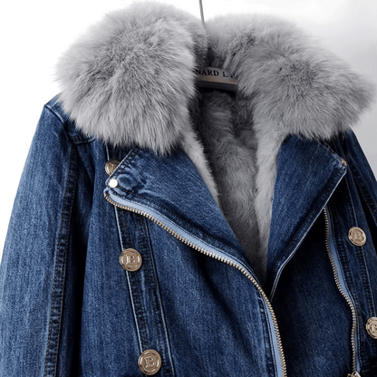 Dames denim jas met imitatiebontvoering