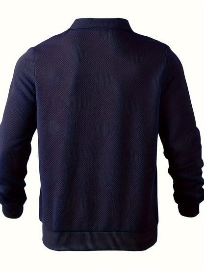 Heren Casual Henley Pullover Trui - Geometrisch Patroon Gebreide Stof met Rits, Polyester & Elastaan Blend, Revers Kraag, Lichte Stretch voor Herfst/Winter