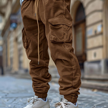 1 stuk heren corduroy cargobroek, tinta unita midden taille met zakken, trekkoord taille, lichte stretch, casual regular fit, comfortabele ademende polyester voering, modieuze dagelijkse broek