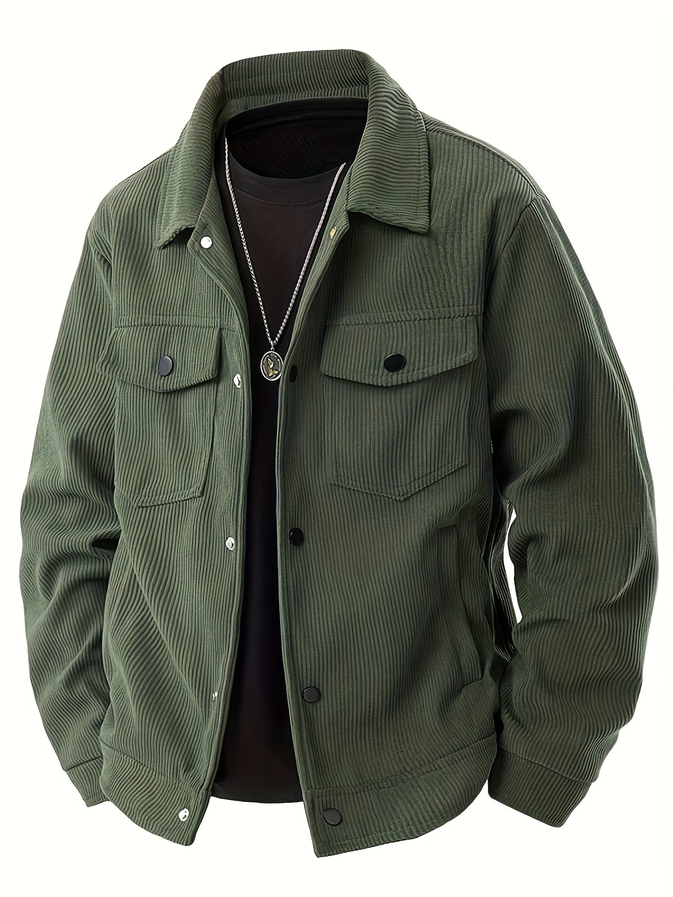 Herencorduroy Cargojack - Zwart, Ontwerp met Meerdere Zakken en Klepzakken, Knoopsluiting, Lange Mouwen, Casual Stijl, Machinewasbaar, Polyester Materiaal