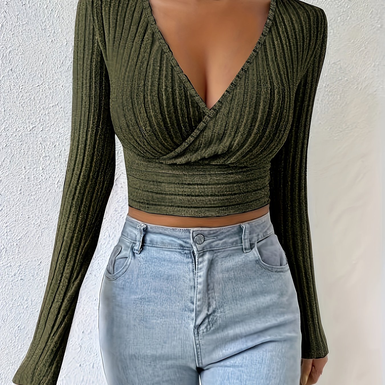 Geribbeld Cropped T-shirt Met Hoge Hals, Casual T-shirt Met Lange Mouwen Voor Lente En Herfst, Dameskleding