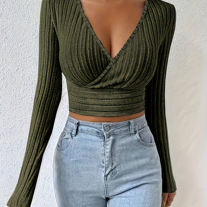 Geribbeld Cropped T-shirt Met Hoge Hals, Casual T-shirt Met Lange Mouwen Voor Lente En Herfst, Dameskleding