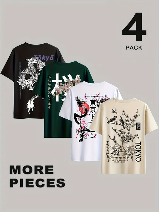 4-Pack Heren Casual Korte Mouw T-Shirt met Tokyo Draak Print, Ademende Polyester Stof, Ronde Hals, Perfect voor Zomerse Buitenkleding