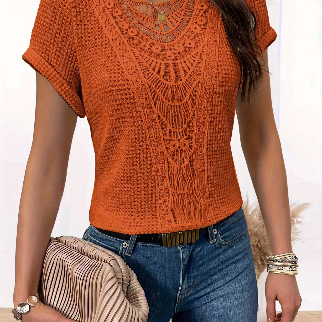 Kanten Inzetstukken Ronde Hals T-shirt, Informele Top Met Korte Mouwen Voor Lente En Zomer, Dameskleding