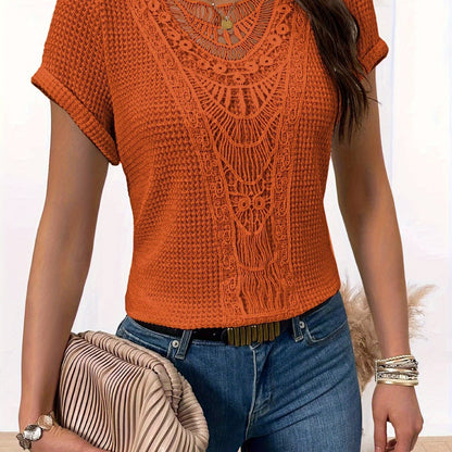 Kanten Inzetstukken Ronde Hals T-shirt, Informele Top Met Korte Mouwen Voor Lente En Zomer, Dameskleding