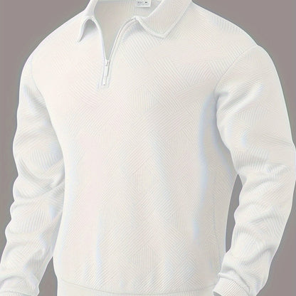 Heren Casual Henley Pullover Trui - Geometrisch Patroon Gebreide Stof met Rits, Polyester & Elastaan Blend, Revers Kraag, Lichte Stretch voor Herfst/Winter