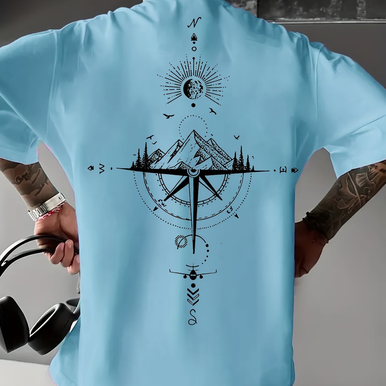 Herent-shirt met Casual Kompasprint - Ademend Polyester, Ronde Hals, Korte Mouwen - Perfect voor de Zomer
