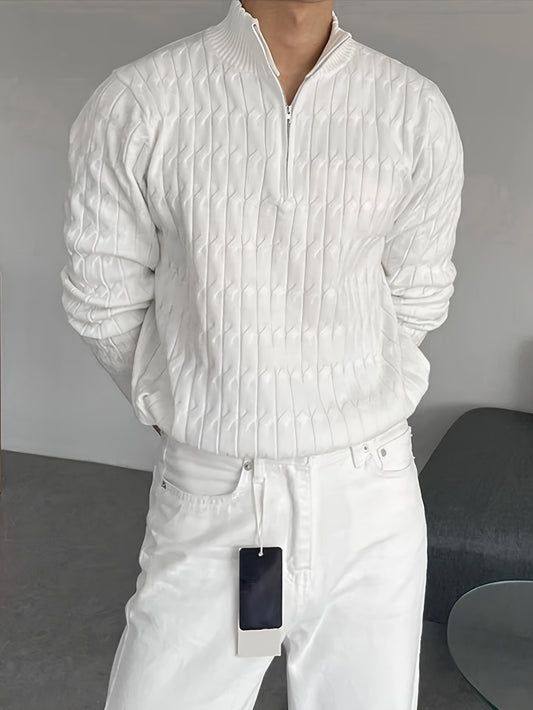 Herensweater casual, viscose breiwerk, effen kleur, reguliere pasvorm, crew hals, 1/4 rits, stretch stof, voor dagelijks gebruik en forenzen, herfst/winterseizoen