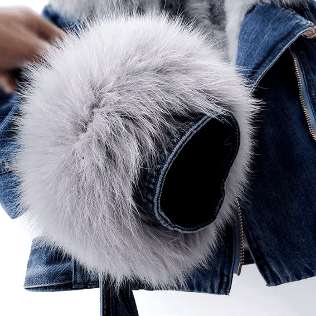 Dames denim jas met imitatiebontvoering