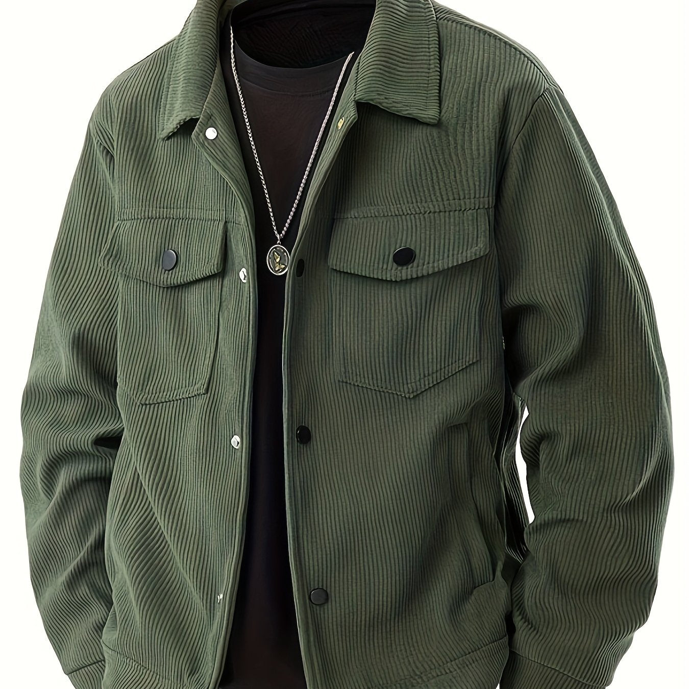 Herencorduroy Cargojack - Zwart, Ontwerp met Meerdere Zakken en Klepzakken, Knoopsluiting, Lange Mouwen, Casual Stijl, Machinewasbaar, Polyester Materiaal