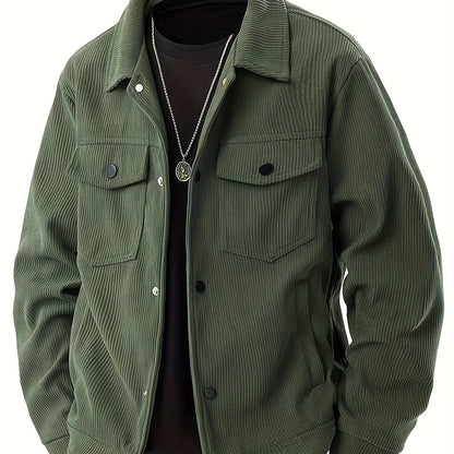 Herencorduroy Cargojack - Zwart, Ontwerp met Meerdere Zakken en Klepzakken, Knoopsluiting, Lange Mouwen, Casual Stijl, Machinewasbaar, Polyester Materiaal