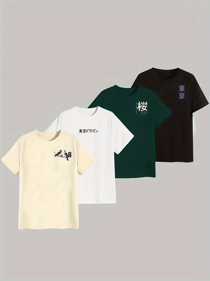 4-Pack Heren Casual Korte Mouw T-Shirt met Tokyo Draak Print, Ademende Polyester Stof, Ronde Hals, Perfect voor Zomerse Buitenkleding