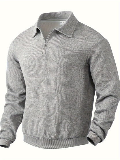 Heren Casual Henley Pullover Trui - Geometrisch Patroon Gebreide Stof met Rits, Polyester & Elastaan Blend, Revers Kraag, Lichte Stretch voor Herfst/Winter