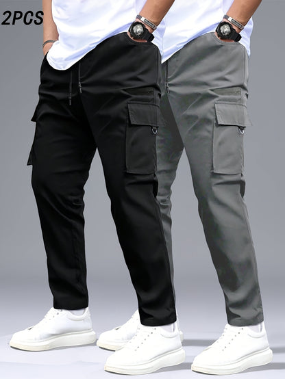 2 stuks Heren Cargo Broeken, Zwart & Grijs met Trekkoord Taille en Meerdere Zakken, Duurzaam Polyester, Ideaal voor Buitenactiviteiten en Casual Dragen, Casual Broeken | Ontwerp met Meerdere Zakken | Duurzame Stof Broeken