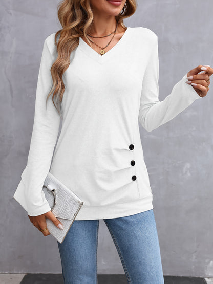 Elegante dames v-hals t-shirt met lange mouwen en knoopdetail - 100% polyester breisel, tinta unita, normale lengte voor lente en herfst