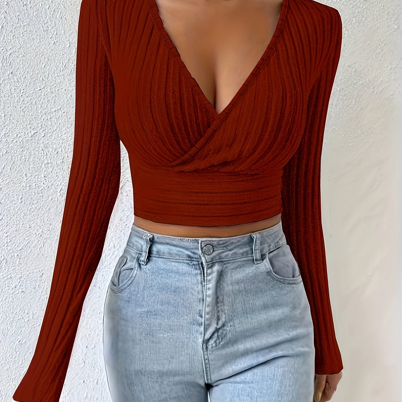 Geribbeld Cropped T-shirt Met Hoge Hals, Casual T-shirt Met Lange Mouwen Voor Lente En Herfst, Dameskleding