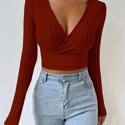 Geribbeld Cropped T-shirt Met Hoge Hals, Casual T-shirt Met Lange Mouwen Voor Lente En Herfst, Dameskleding