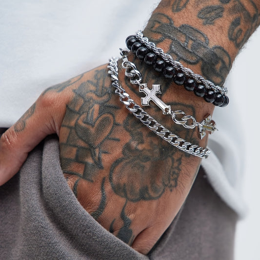 4 stuks eenvoudige stijl ijzeren kruis & kraal armband set, geen hanger, ideaal voor sport, casual dating, feestjes & dagelijks dragen