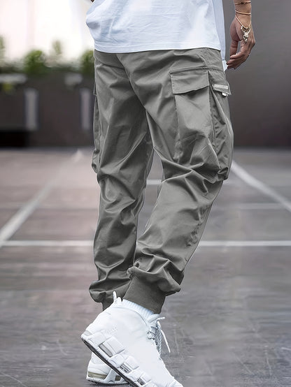 Lichtgewicht Ontwerp| Heren Olijfgroene Cargo Broek - Lichtgewicht Polyester, Casual Stijl met Meerdere Zakken en Trekkoord Taille, Perfect voor Lente/Herfst, Lente Herfst Kleding|Trekkoord Tailleband|Gladde Textuur Stof