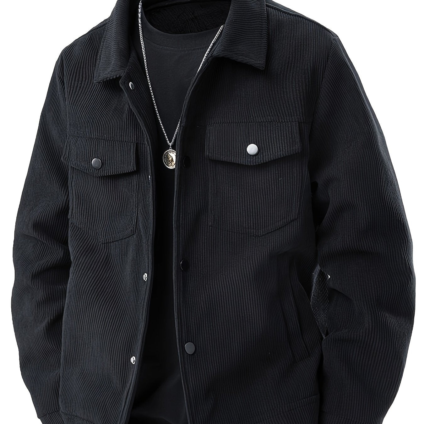 Herencorduroy Cargojack - Zwart, Ontwerp met Meerdere Zakken en Klepzakken, Knoopsluiting, Lange Mouwen, Casual Stijl, Machinewasbaar, Polyester Materiaal