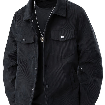 Herencorduroy Cargojack - Zwart, Ontwerp met Meerdere Zakken en Klepzakken, Knoopsluiting, Lange Mouwen, Casual Stijl, Machinewasbaar, Polyester Materiaal