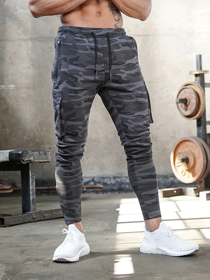 Herensportbroek met camouflageprint, multifunctionele cargojoggingbroek, casual trainingsbroek voor de sportschool, veelzijdige sportbroek met trekkoord en zakken, outdoor kleding.