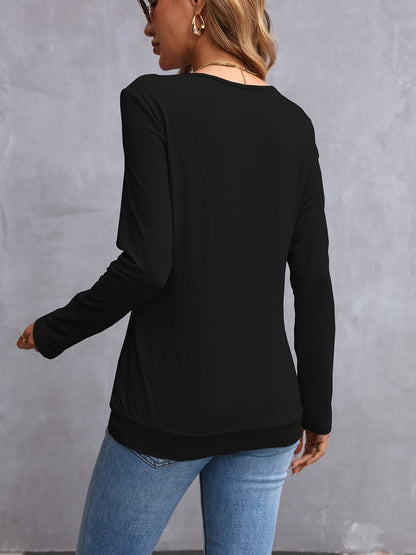 Elegante dames v-hals t-shirt met lange mouwen en knoopdetail - 100% polyester breisel, tinta unita, normale lengte voor lente en herfst