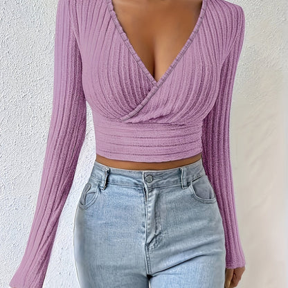 Geribbeld Cropped T-shirt Met Hoge Hals, Casual T-shirt Met Lange Mouwen Voor Lente En Herfst, Dameskleding