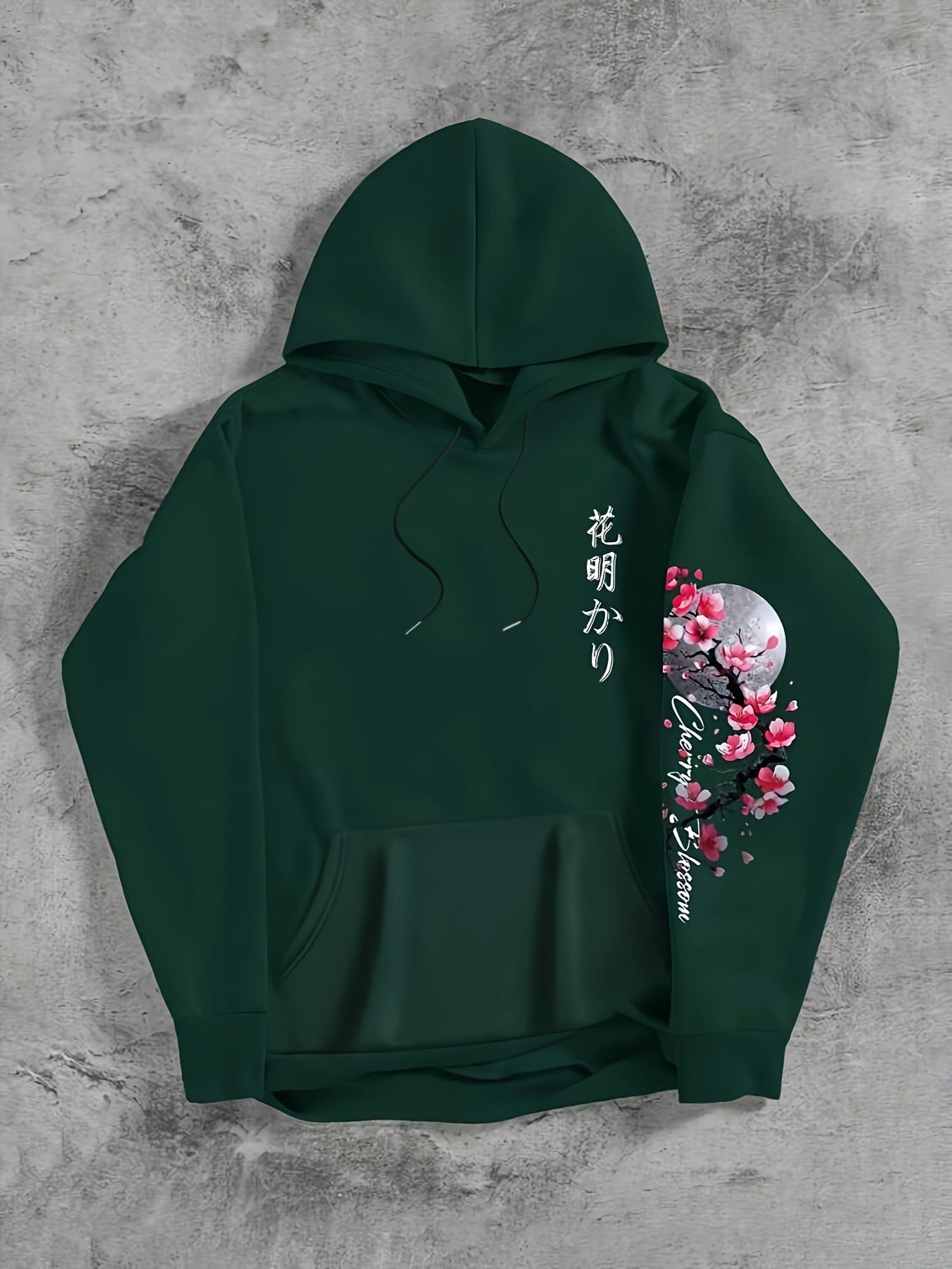 Herensweater met Kersenbloesemprint - Gezellige Fleece-gevoerde Casual Pullover met Zakken, Losse Pasvorm, Lange Mouwen, Groen