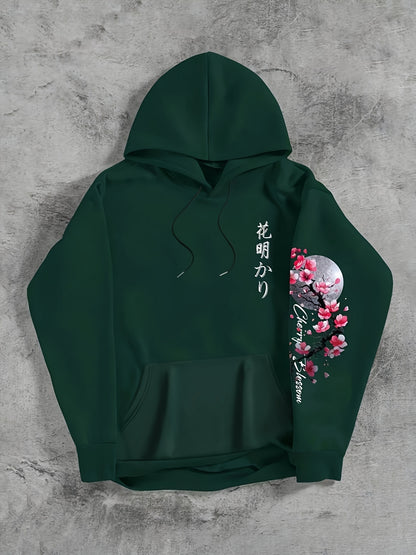 Herensweater met Kersenbloesemprint - Gezellige Fleece-gevoerde Casual Pullover met Zakken, Losse Pasvorm, Lange Mouwen, Groen