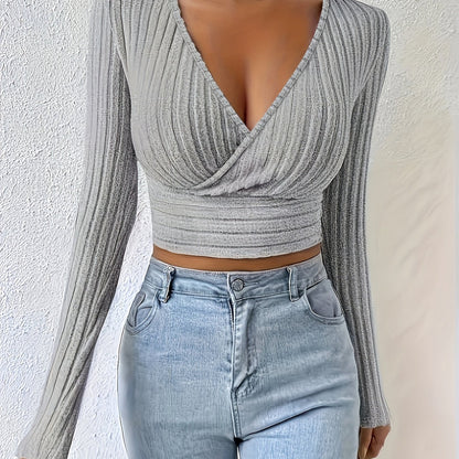 Geribbeld Cropped T-shirt Met Hoge Hals, Casual T-shirt Met Lange Mouwen Voor Lente En Herfst, Dameskleding