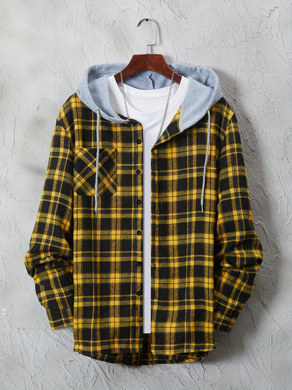 Casual Geruite Herenhoodie met Borstzakje en Verstelbare Trekkoord - Lange Mouwen, Knoopsluiting in Groen/Zwart/Grijs voor Lente & Herfst