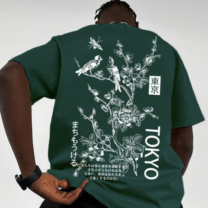 Heren Casual T-Shirt met Bloemen- & Vogelprint - Ademend Polyester, Ronde Hals, Korte Mouwen - Perfect voor de Zomer